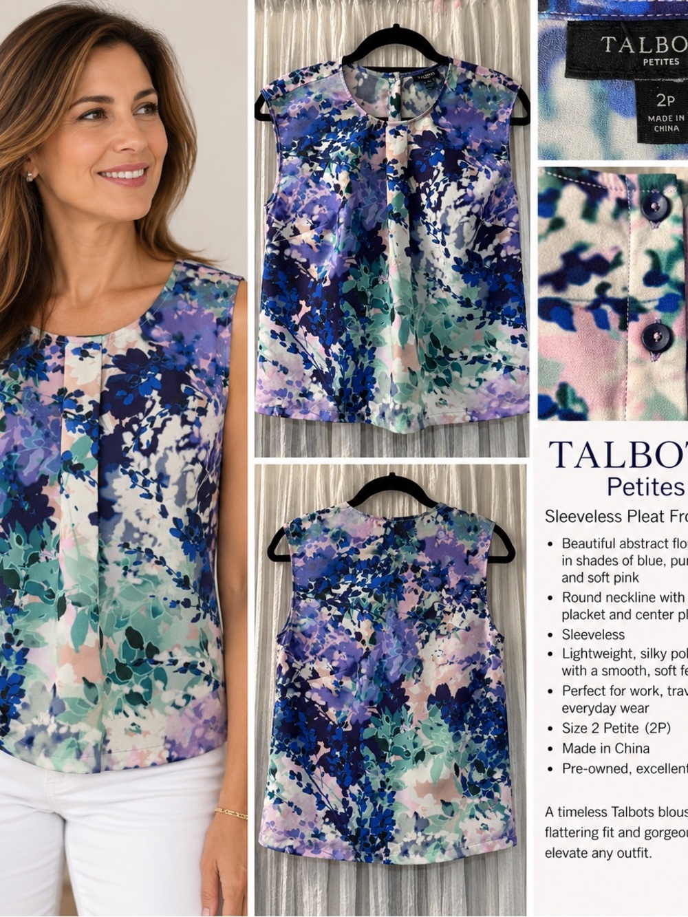 Talbots Sleeveless Floral Pleat-Front Top in Blue, Purple, Teal